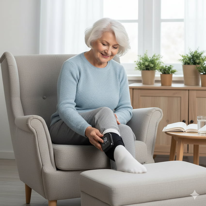 76-year-old woman sitting and using the Vita Feet Relieve electronic ankle massager for pain and circulation improvement.