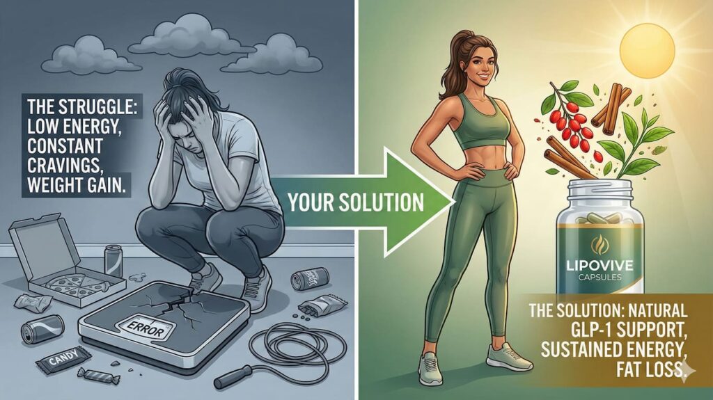 Lipovive reviews 2025: dynamic split-screen showing a person's struggle with weight gain, low energy, and cravings (left, desaturated) transforming into happiness, confidence, and natural weight loss with genuine Lipovive capsules (right, vibrant).