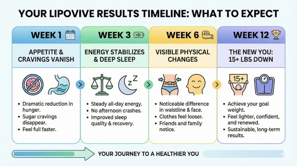 Lipovive results timeline infographic showing what to expect from Week 1 to Week 12, including appetite suppression, energy stabilization, better sleep, visible fat loss, and achieving 15+ lbs weight loss goals