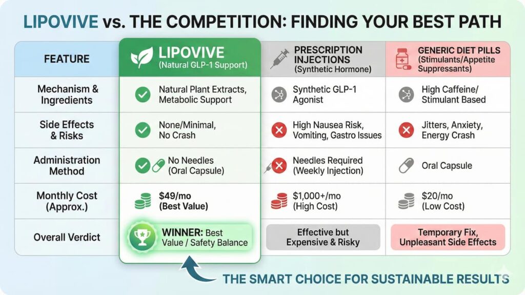 Comparison chart showing Lipovive vs. Prescription Injections vs. Generic Diet Pills, highlighting Lipovive as the winner for natural GLP-1 support, no needles, minimal side effects, and best value at $49/month