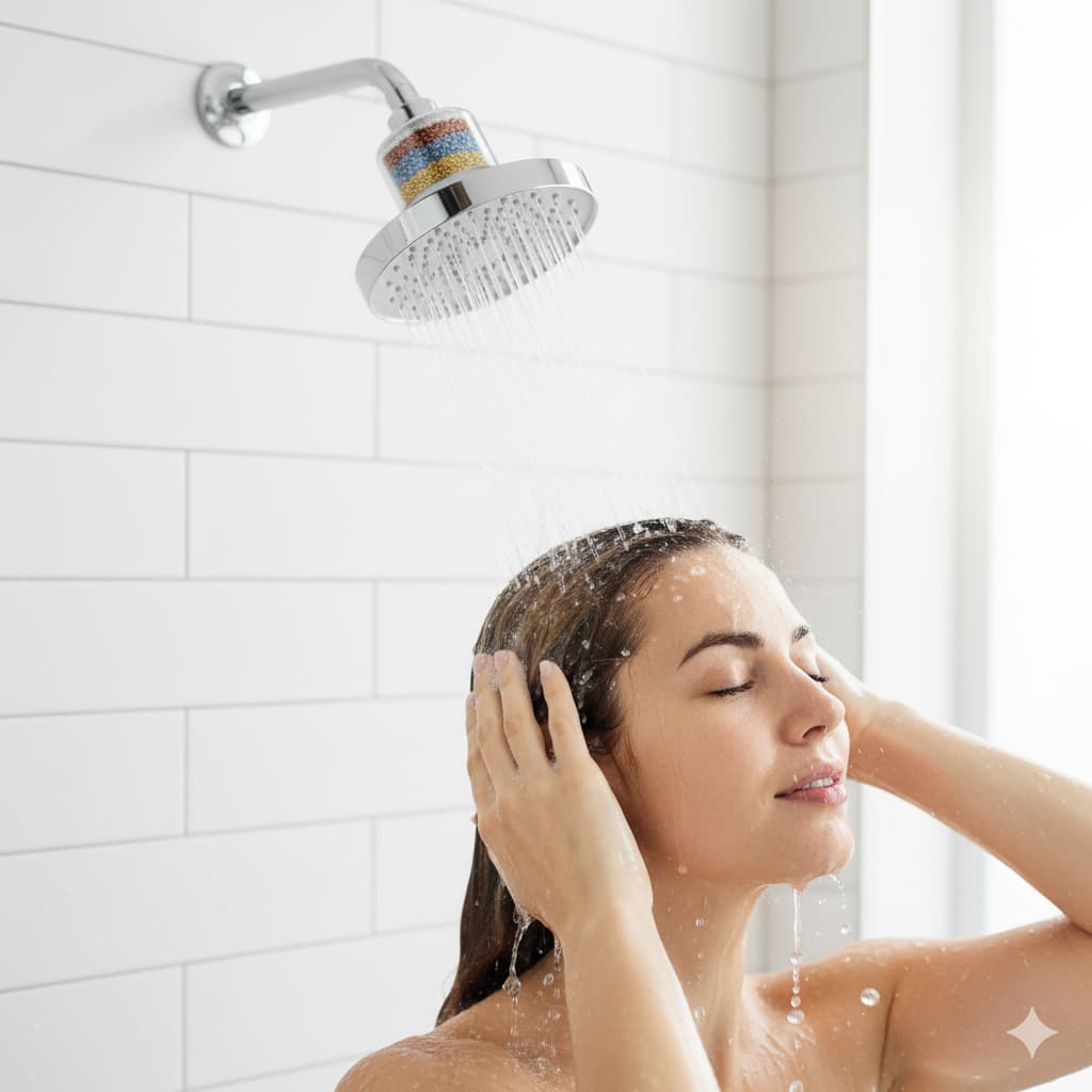 Aqua Vital Shower filter removing chlorine and impurities from water for healthier skin and hair