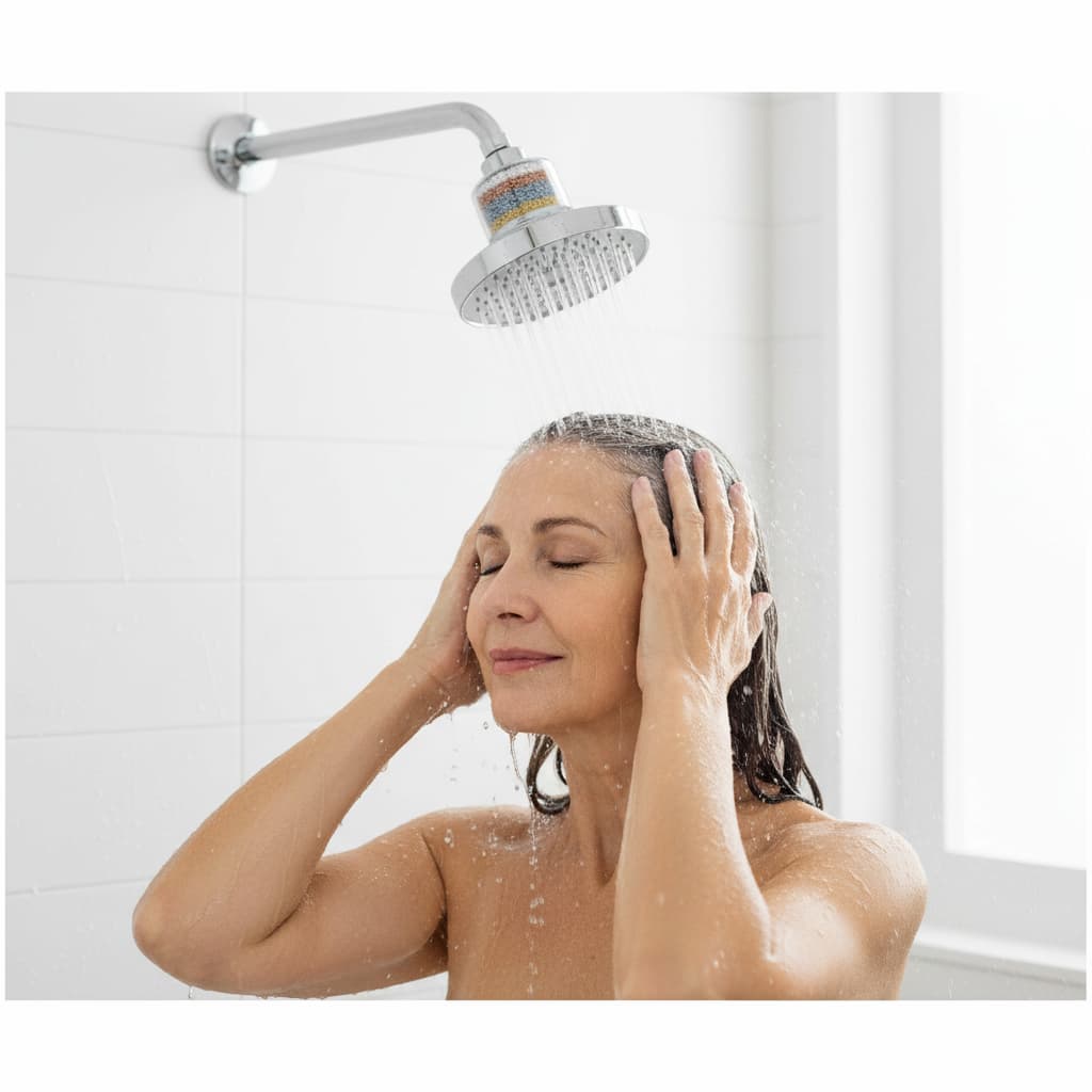 Before and after results using Aqua Vital Shower for softer skin and shinier hair