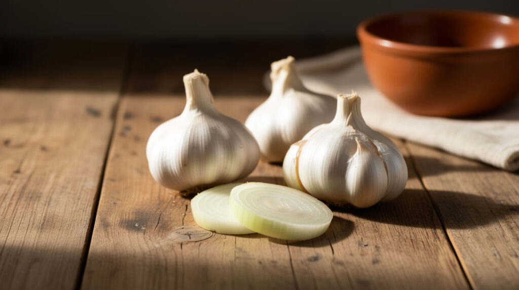 10 Foods That Shrink Prostate Gland Naturally (Medically Proven Guide) 8 Garlic bulbs and sliced onions on a counter — rich in sulfur compounds for prostate support