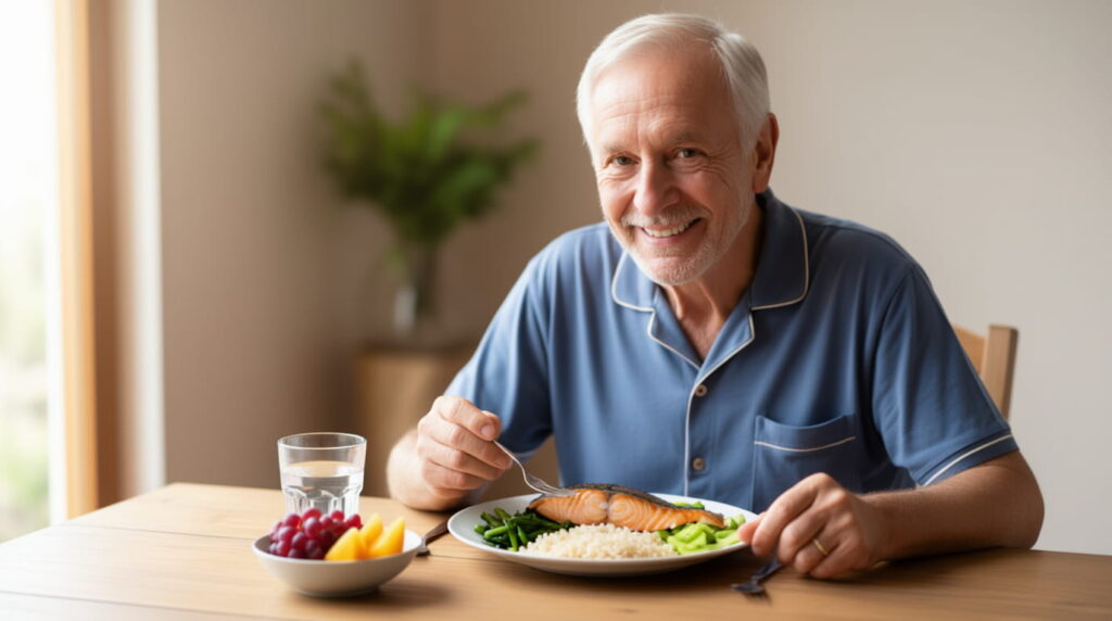 10 Foods That Shrink Prostate Gland Naturally (Medically Proven Guide) 13 10 Foods That Shrink Prostate Gland Proven To Work - happy older man eating a balanced meal