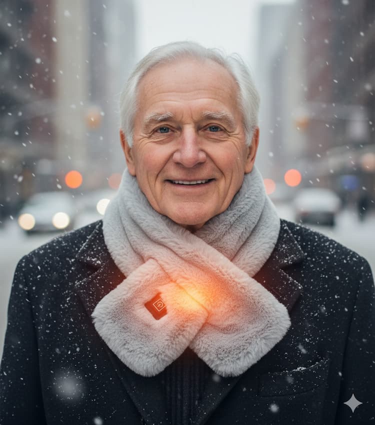 Man and woman wearing HeatWave Scarves during a walk, showing unisex design and everyday versatility.