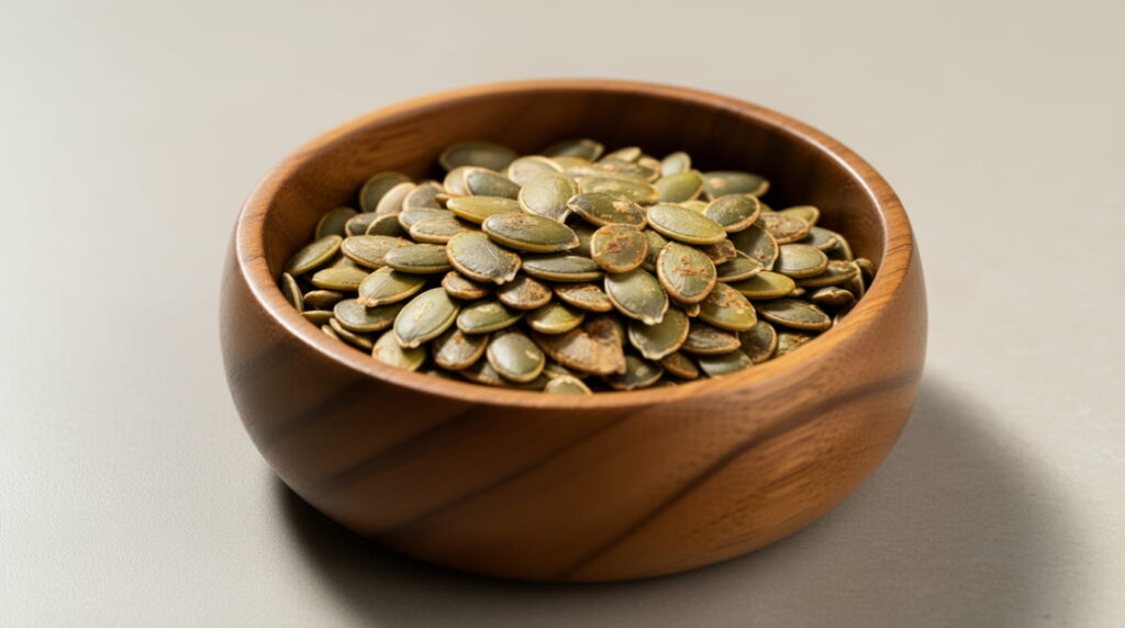 10 Foods That Shrink Prostate Gland Naturally (Medically Proven Guide) 7 Roasted pumpkin seeds in a wooden bowl — rich in zinc and phytosterols that support prostate function.