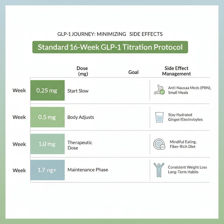 Standard 16-week titration protocol chart for oral semaglutide and tirzepatide weight loss medication, detailing the step-by-step dosage increase to minimize gastrointestinal side effects like nausea and bloating.