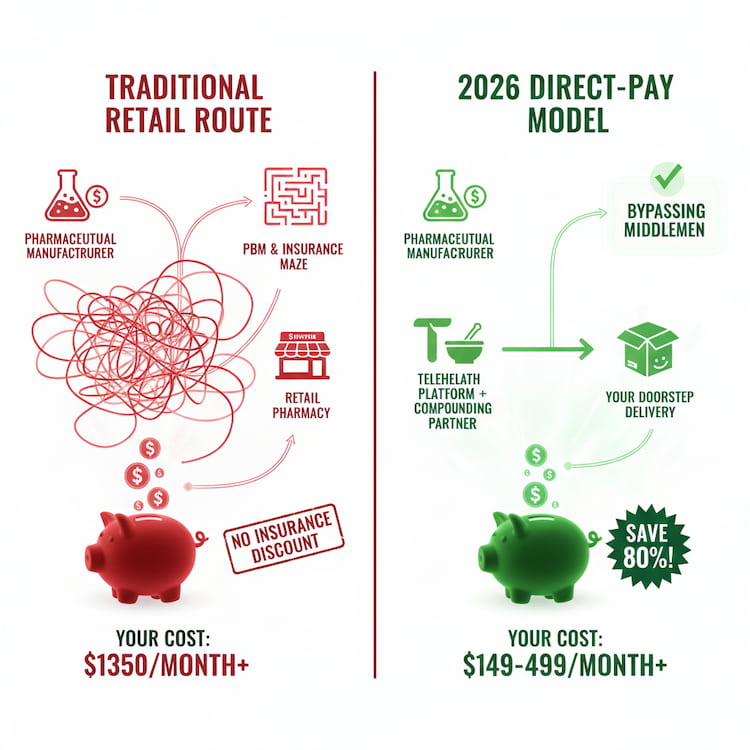 Infographic comparing the traditional retail pharmacy supply chain cost of $1,350 vs the 2026 GLP-1 direct pay program model of $149, showing how bypassing insurance markups and middleman fees allows for cheap weight loss medication without insurance