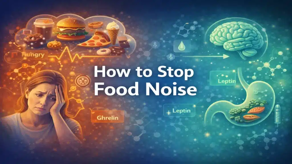 How to Stop Food Noise: 7 Science-Backed Strategies That Actually Work 2 Diagram showing hunger hormones and brain signals involved in food noise.