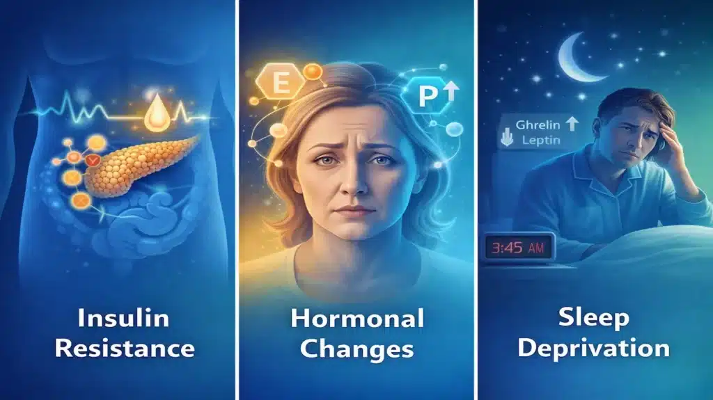 Why Am I Hungry All The Time? The Science Behind "Food Noise" (And How To Fix It) 3 Infographic highlighting three major causes of constant hunger including insulin resistance, hormonal changes, and sleep deprivation.