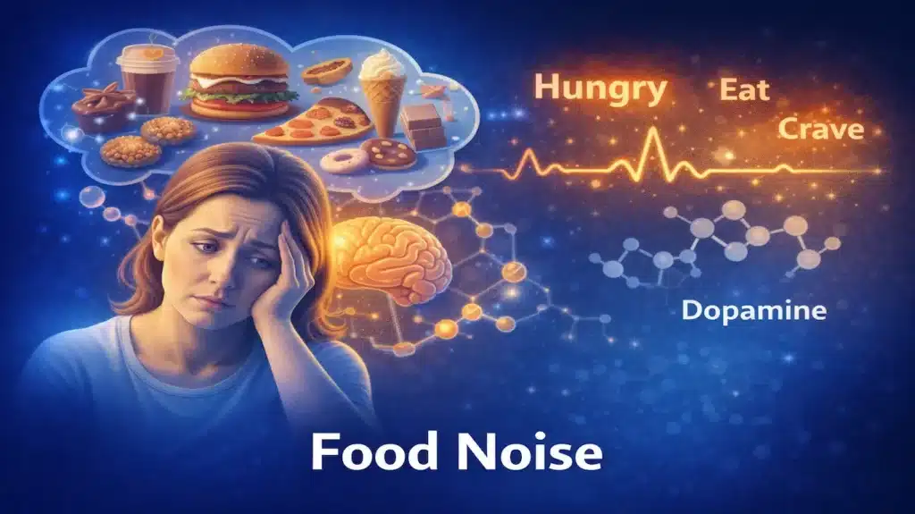 Why Am I Hungry All The Time? The Science Behind "Food Noise" (And How To Fix It) 4 Visual representation of food noise showing brain dopamine pathways and cravings contributing to feeling hungry all the time.