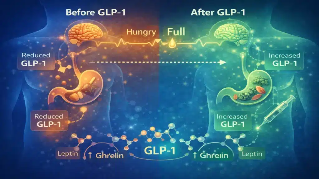 Why Am I Hungry All The Time? The Science Behind "Food Noise" (And How To Fix It) 5 Comparison illustration showing how GLP-1 regulates appetite hormones and reduces hunger signals in the brain and stomach.