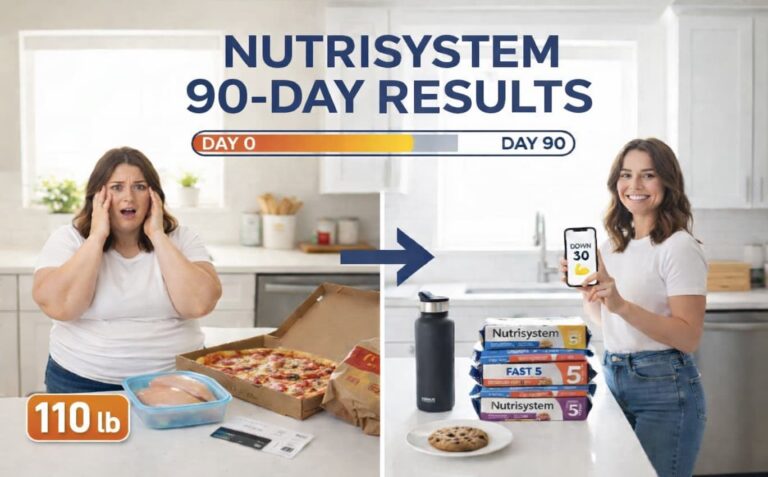 A before-and-after comparison showing a woman struggling with meal prep versus her successful 14lb weight loss results after 90 days on Nutrisystem