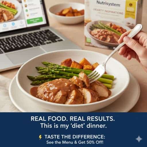 I Tried Nutrisystem for 90 Days: My Honest "No-Cook" Transformation (2026 Review) 4 A close-up of a Nutrisystem Hearty Inspirations dinner featuring roasted chicken, gravy, and asparagus, illustrating real food quality on a diet plan.