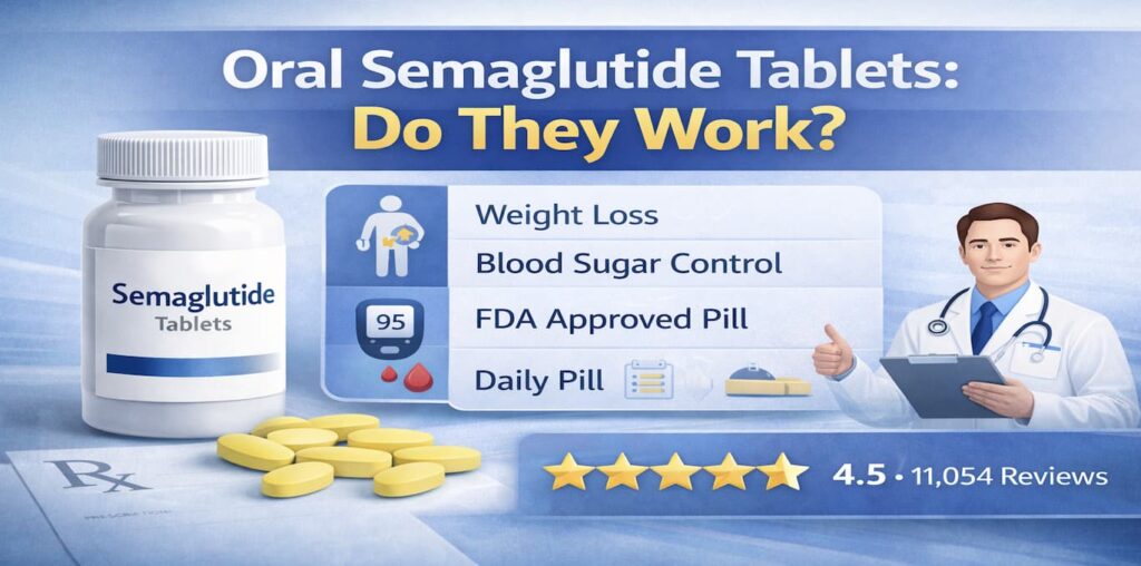 Oral semaglutide tablets effectiveness infographic showing weight loss, blood sugar control and FDA approved daily pill