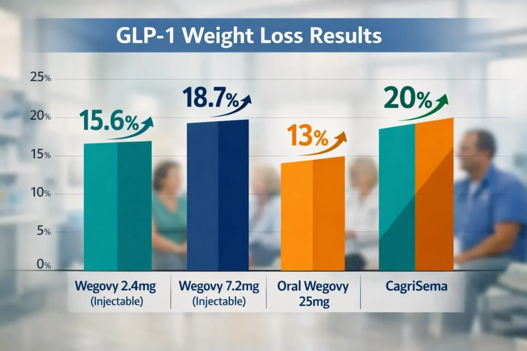 GLP-1 Injections Explained: How They Work for Weight Loss & Diabetes 4 Detailed () data visualization image showing a side-by-side comparison bar chart of GLP-1 weight loss results: injectable