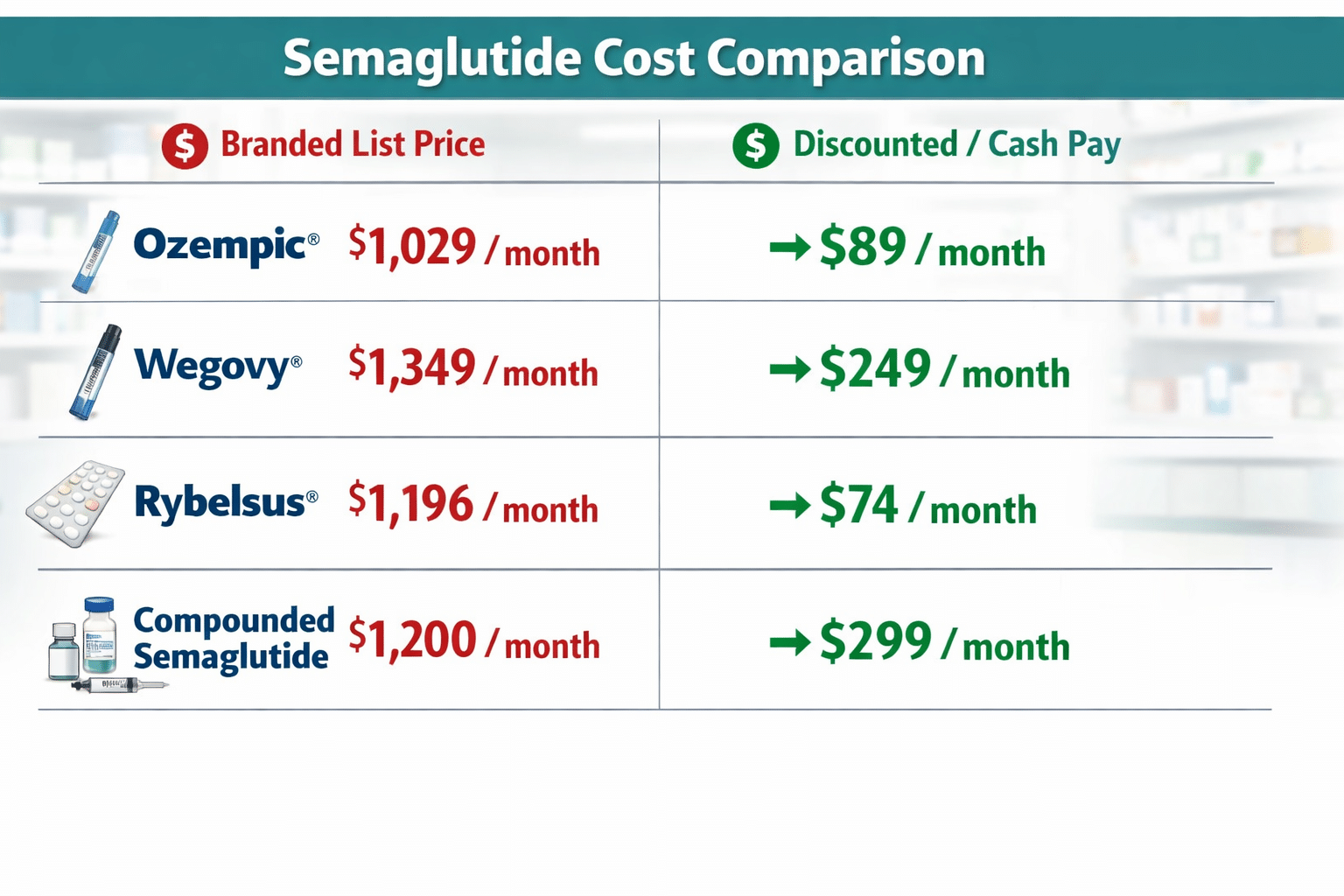 Semaglutide Cost Breakdown: Monthly, With/Without Insurance 3 Detailed () infographic-style illustration showing a side-by-side cost comparison table for Ozempic, Wegovy, Rybelsus, and