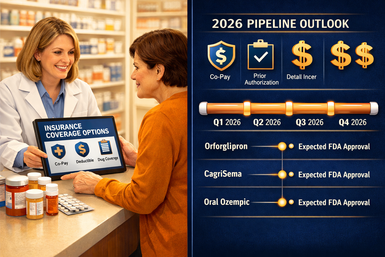 The Complete GLP-1 Medication Guide: Everything You Need to Know 3 Detailed () scene showing a split-screen composition: left side depicts a pharmacist consulting with a patient at a pharmacy