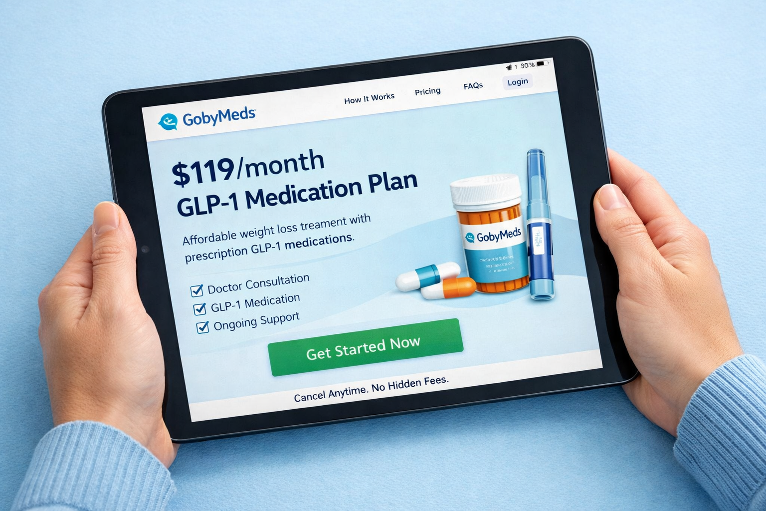 3 Most Affordable GLP‑1 Without Insurance: Where to Get Tirzepatide Online at the Best Price 3 GobyMeds website interface displayed on tablet screen showing GobyMeds overview19 monthly GLP-1 medication plan with GobyMeds branding