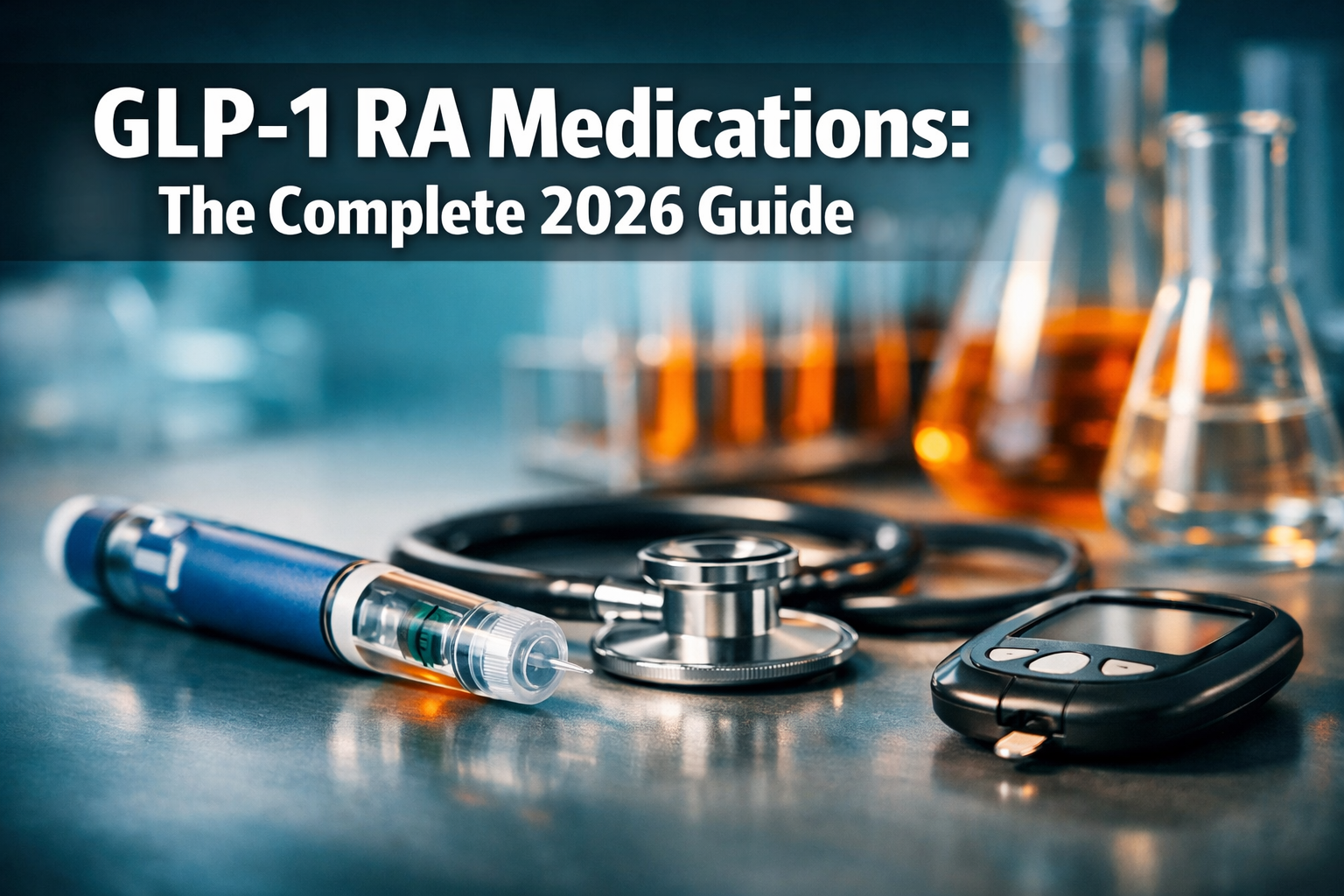 Professional () hero image with 'GLP-1 RA Medications: The Complete 2026 Guide' in extra large white with deep and