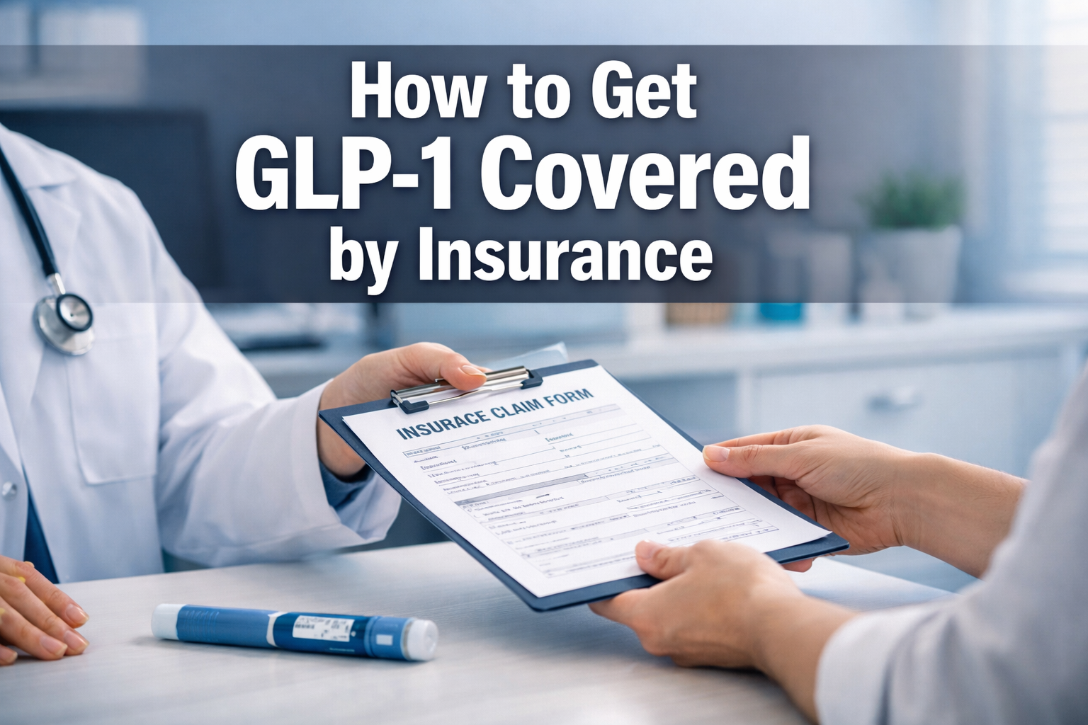 Professional () hero image with : 'How to Get GLP-1 Covered by Insurance' in extra large white with dark drop , centered in