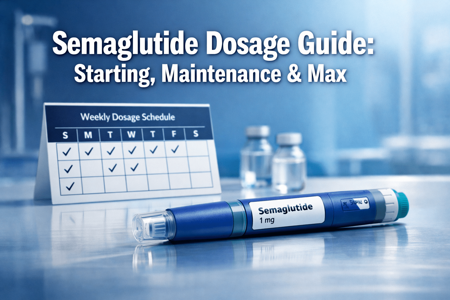 Professional () hero image with : 'Semaglutide Dosage Guide: Starting, Maintenance & Max' in extra large white with dark