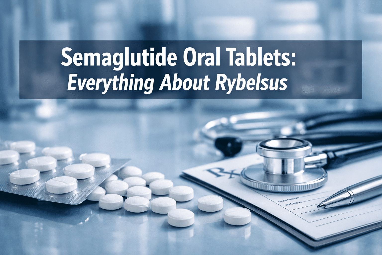 Professional () hero image with : 'Semaglutide Oral Tablets: Everything About Rybelsus' in extra large white with dark