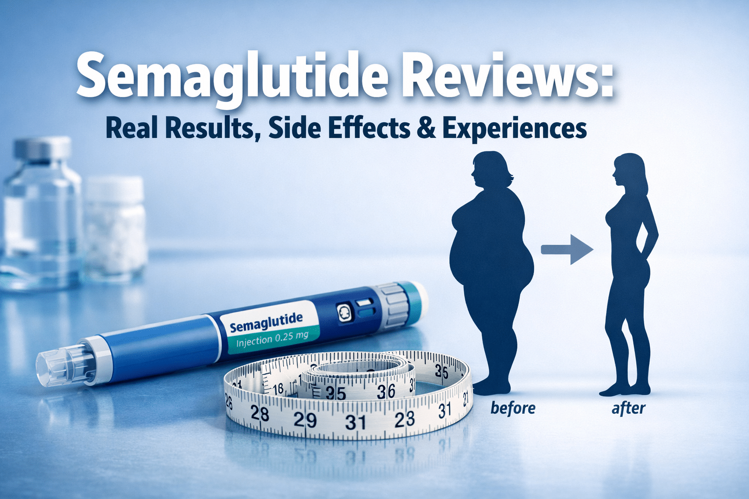 Professional () hero image with : 'Semaglutide Reviews: Real Results, Side Effects & Experiences' in extra large white with