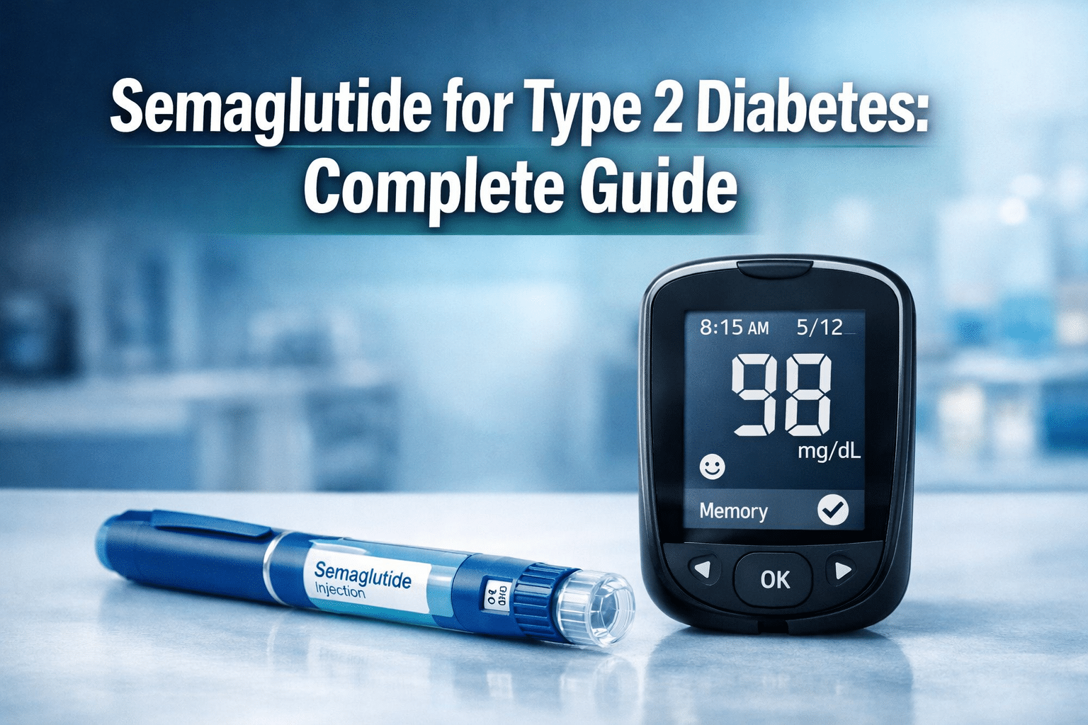 Professional () hero image with : 'Semaglutide for Type 2 Diabetes: Complete Guide' in extra large white with dark drop ,