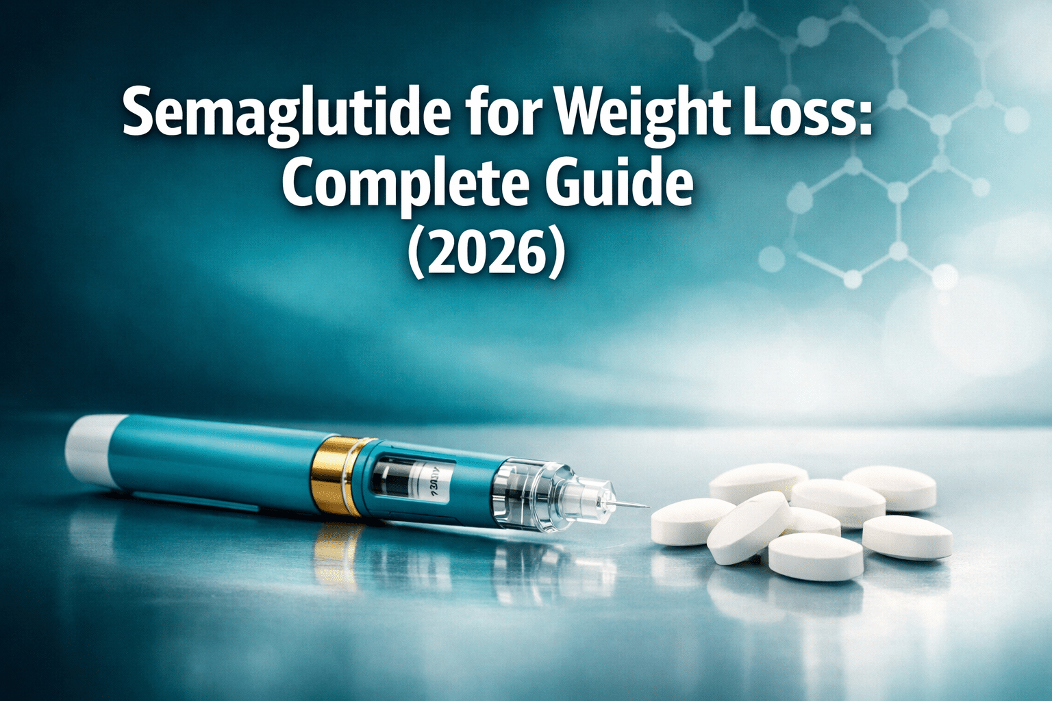 Professional () hero image with : 'Semaglutide for Weight Loss: Complete Guide (2026)' in extra large white with subtle dark