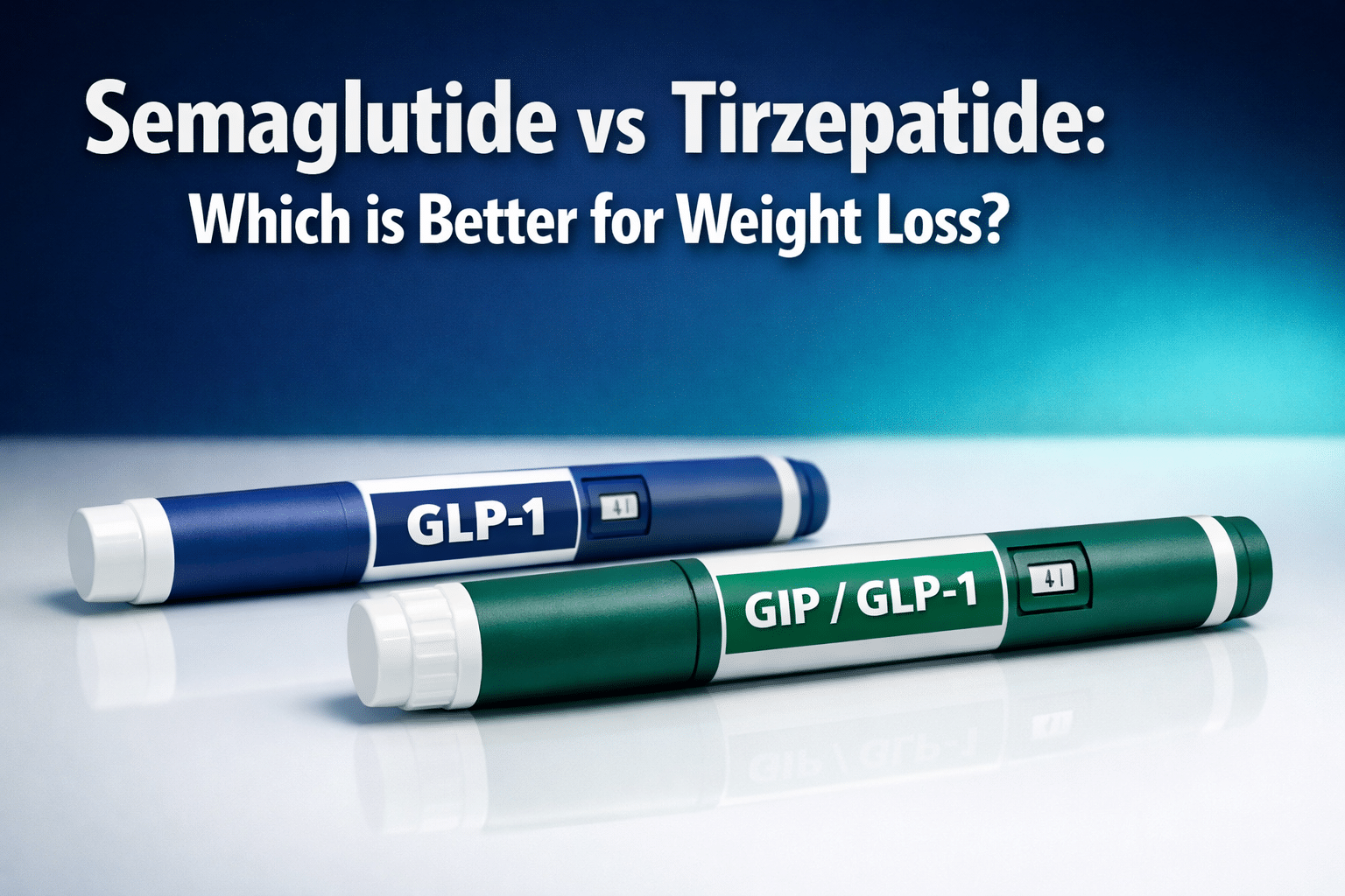 Professional () hero image with : 'Semaglutide vs Tirzepatide: Which is Better for Weight Loss?' in extra large white with