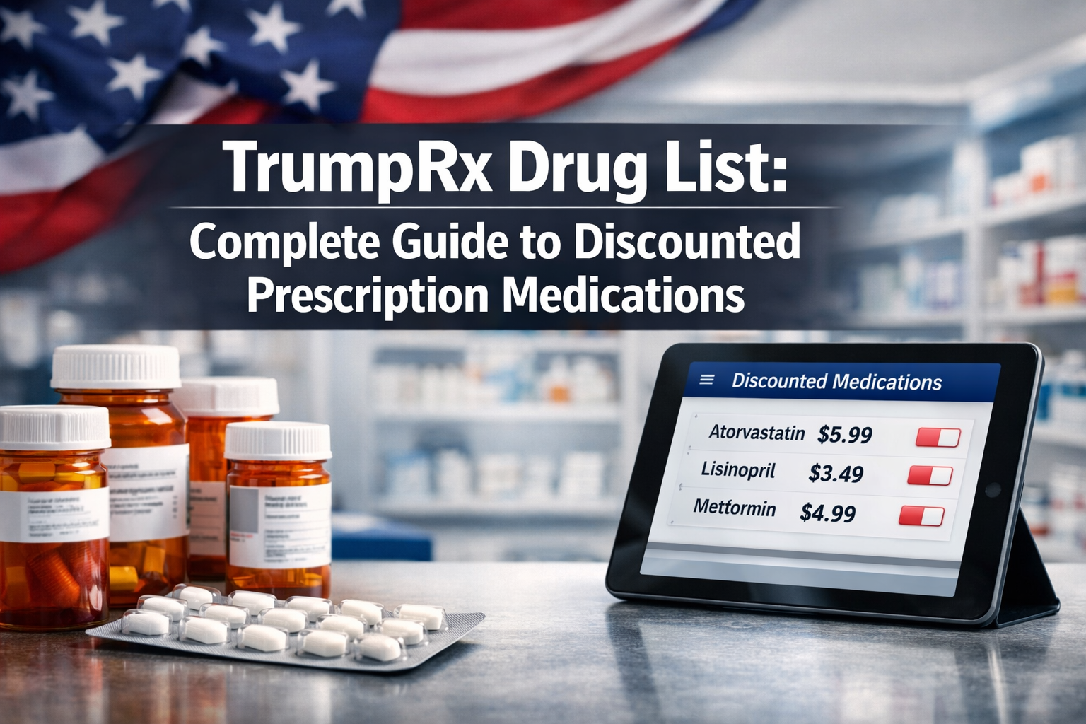 Professional () hero image with : 'TrumpRx Drug List: Complete Guide to Discounted Prescription Medications' in extra large