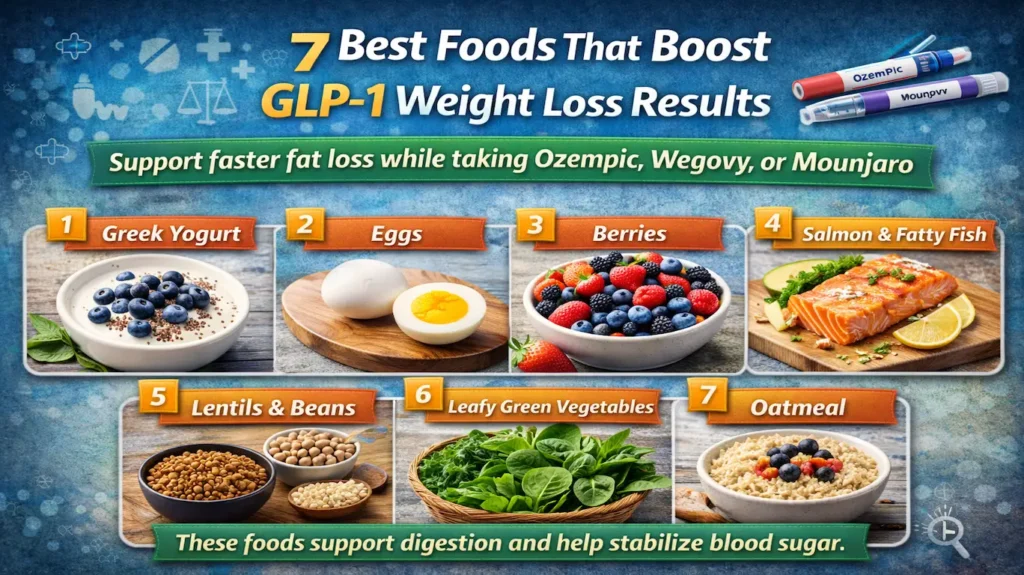 Best Foods to Eat on GLP-1 (Ozempic, Wegovy, Mounjaro Diet Guide) 7 Seven best foods that boost GLP-1 weight loss including greek yogurt eggs berries salmon beans leafy greens and oatmeal