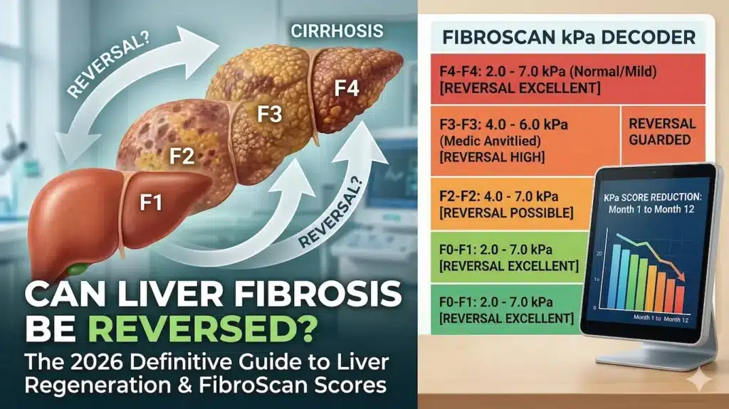 Can Liver Fibrosis Be Reversed? The 2026 Definitive Guide to Liver Regeneration 2 Infographic of the path to liver fibrosis reversal, showing stages F1 to F4, the question 'REVERSAL?', and kPa scores. Can Liver Fibrosis Be Reversed