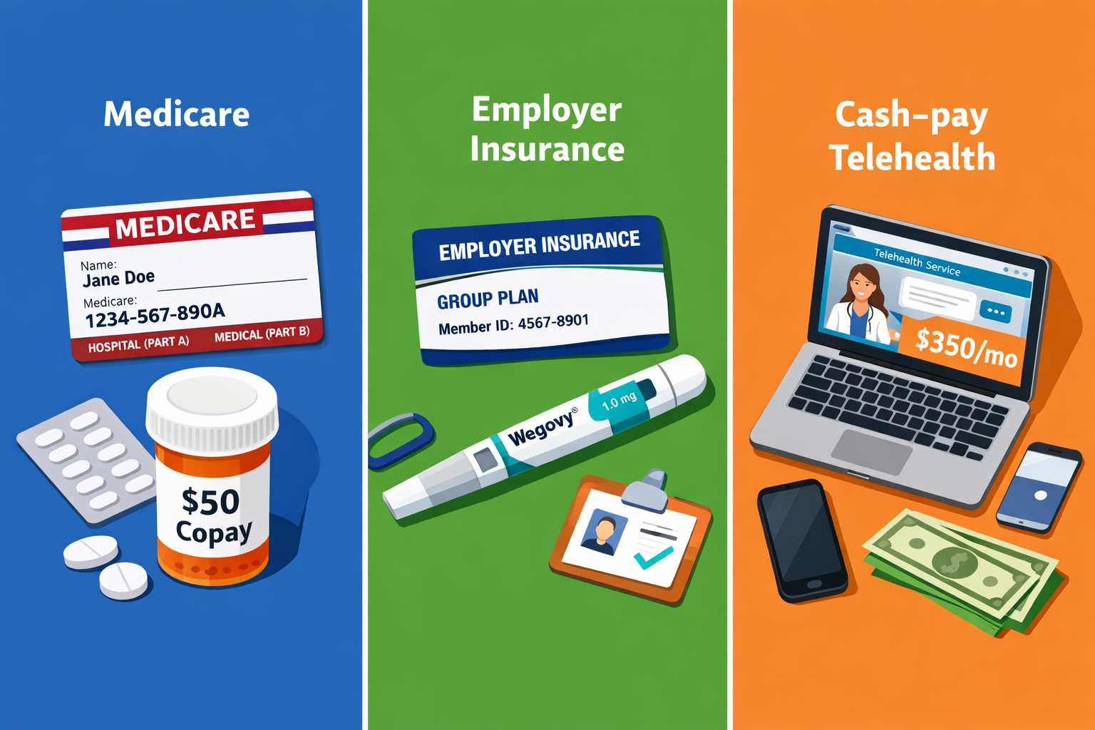 How to get GLP-1 covered by insurance: 2026 Step-By-Step Guide 8 () comparison scene showing three distinct paths to GLP-1 access: left panel shows Medicare card with pill bottle labeled