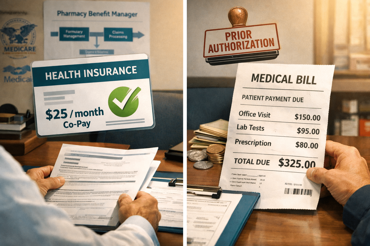 Semaglutide Cost Breakdown: Monthly, With/Without Insurance 8 () conceptual illustration showing a patient at a doctor's office desk reviewing insurance paperwork, with a split-screen