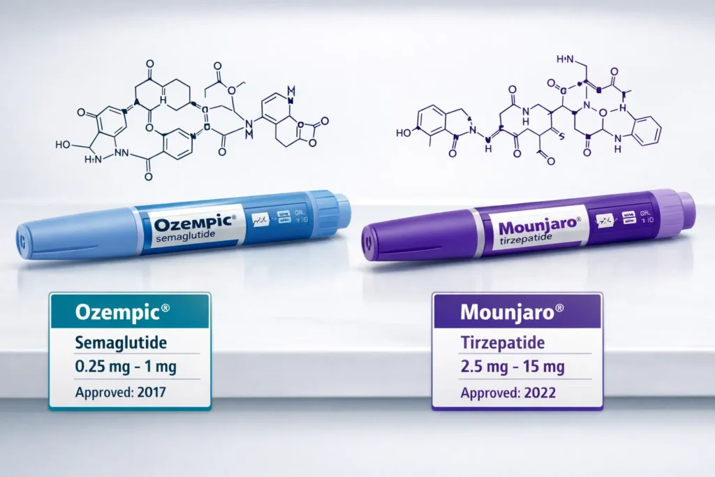Types of GLP-1 Medications: Semaglutide, Tirzepatide, and More 3 () editorial illustration showing a side-by-side comparison of GLP-1 injectable pens — Ozempic semaglutide in blue and