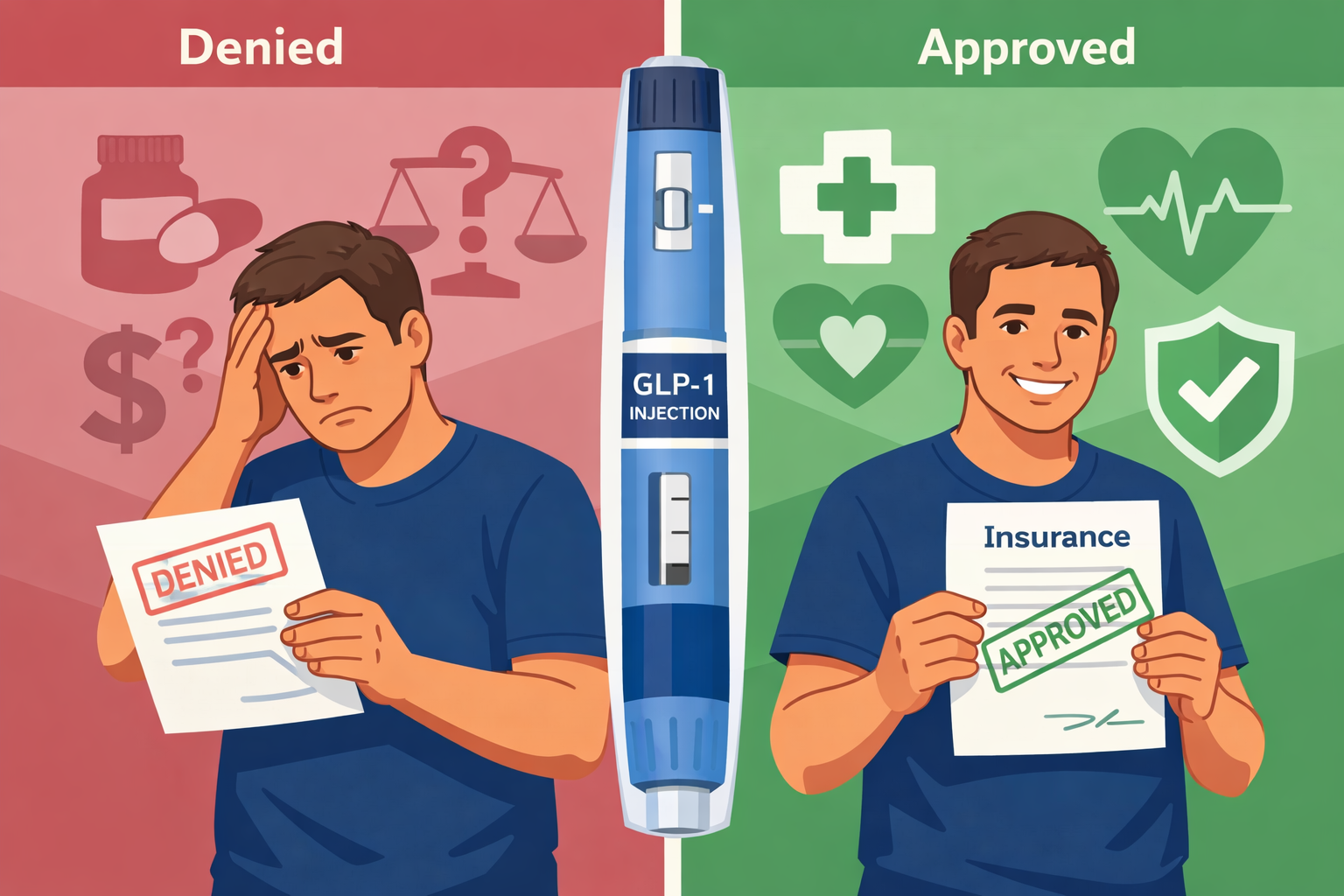 How to get GLP-1 covered by insurance: 2026 Step-By-Step Guide 2 () editorial illustration showing a split-scene: left side depicts a frustrated patient holding a denial letter with red