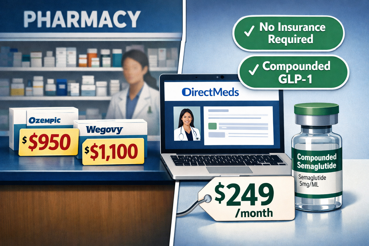 DirectMeds Review: Best GLP-1 Semaglutide Medication Prescription for Weight Loss with No Insurance 2 () editorial illustration showing a split-screen comparison: left side displays a traditional pharmacy counter with high - DirectMeds Reviews 2026: GLP1 Semaglutide Without Insurance