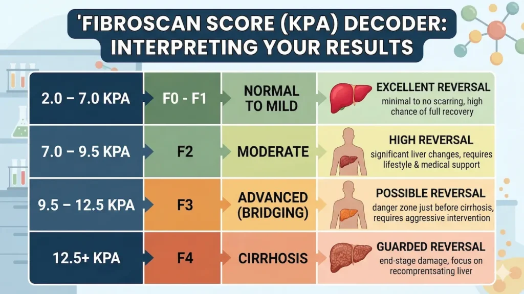 Can Liver Fibrosis Be Reversed? The 2026 Definitive Guide to Liver Regeneration 3 Infographic of the FibroScan Score Decoder chart, showing kPa ranges, METAVIR stages, and reversal potential for liver fibrosis stages F1 to F4. Can Liver Fibrosis Be Reversed?
