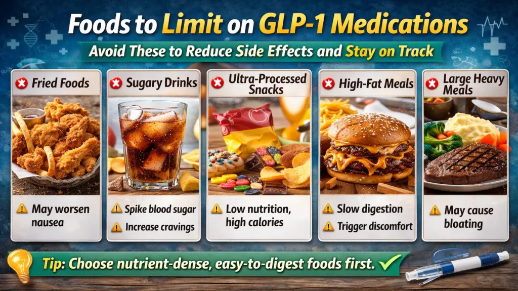 Best Foods to Eat on GLP-1 (Ozempic, Wegovy, Mounjaro Diet Guide) 4 Foods to avoid on Ozempic Wegovy and Mounjaro including fried foods sugary drinks processed snacks and heavy meals