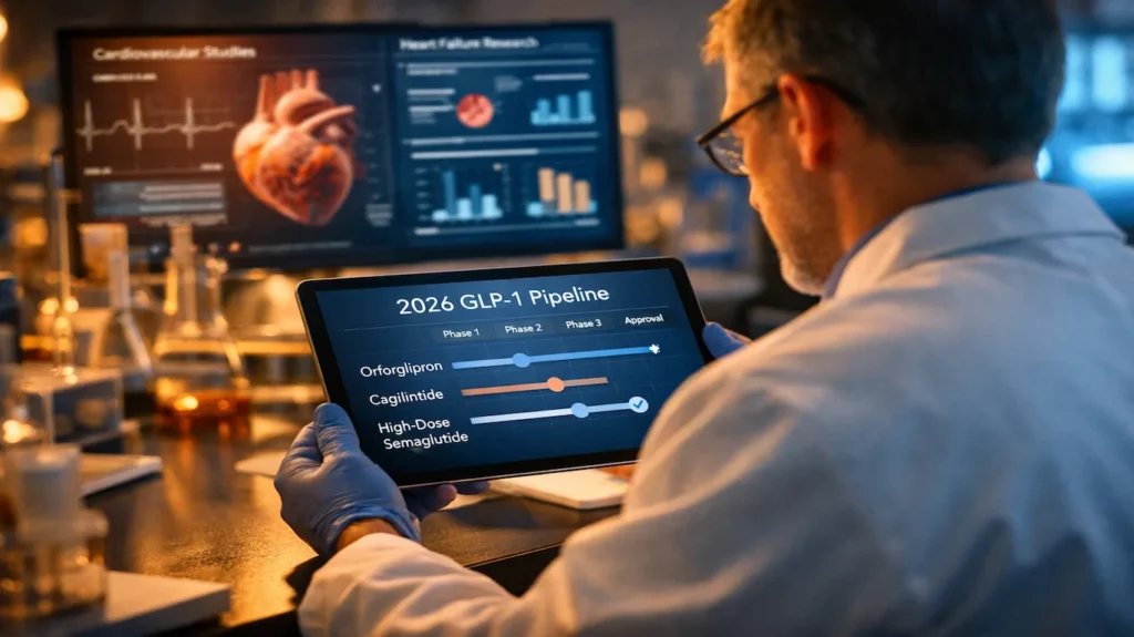 Types of GLP-1 Medications: Semaglutide, Tirzepatide, and More 9 () forward-looking medical research scene showing a scientist in a white lab coat reviewing a digital tablet displaying a