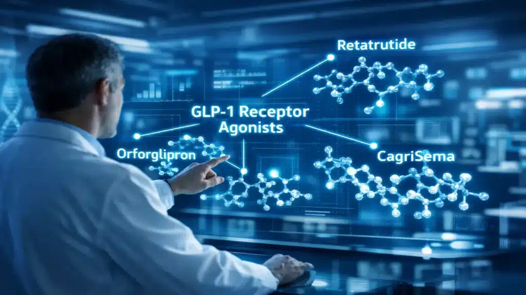 GLP-1 Drugs List: Complete Guide to Approved Medications in 2026 9 Futuristic medical research scene with scientist studying GLP-1 receptor agonist pipeline drugs Retatrutide, Orforglipron, and CagriSema on holographic molecular display with clinical trial data in background