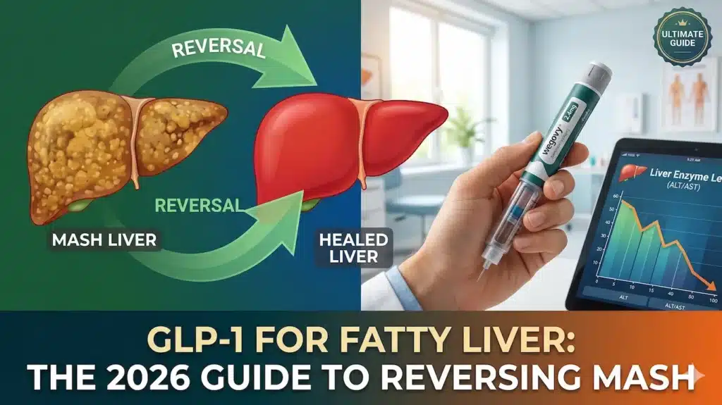 GLP-1 for Fatty Liver: The 2026 Guide to Reversing MASH and Liver Fat 2 Infographic showing liver reversal from MASH to HEALED using GLP-1 for Fatty Liver injection and enzyme chart.