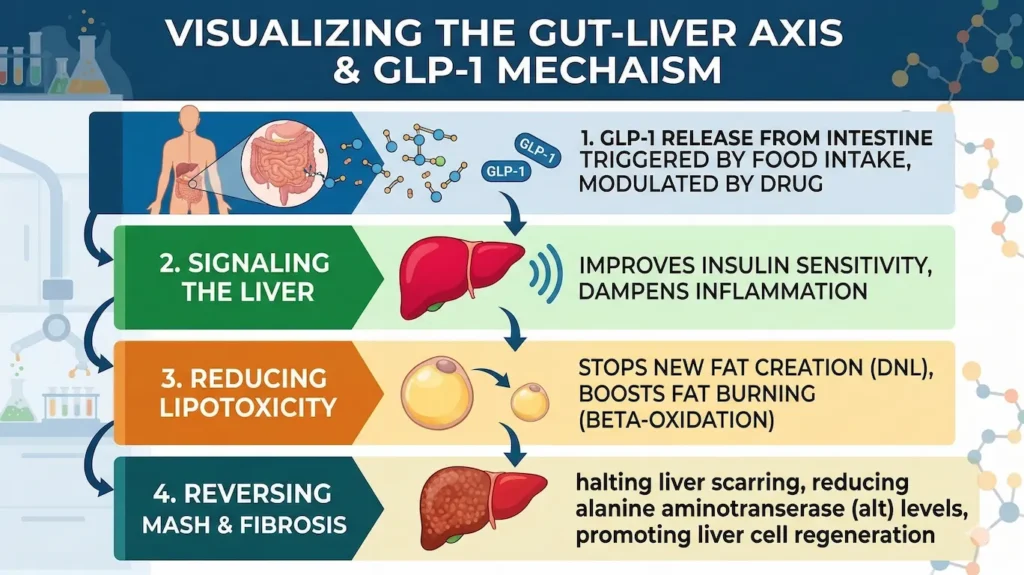 GLP-1 for Fatty Liver: The 2026 Guide to Reversing MASH and Liver Fat 3 Infographic of the Gut-Liver Axis showing how GLP-1 from the intestines signals the liver to stop fat creation (DNL) and reduce inflammation.