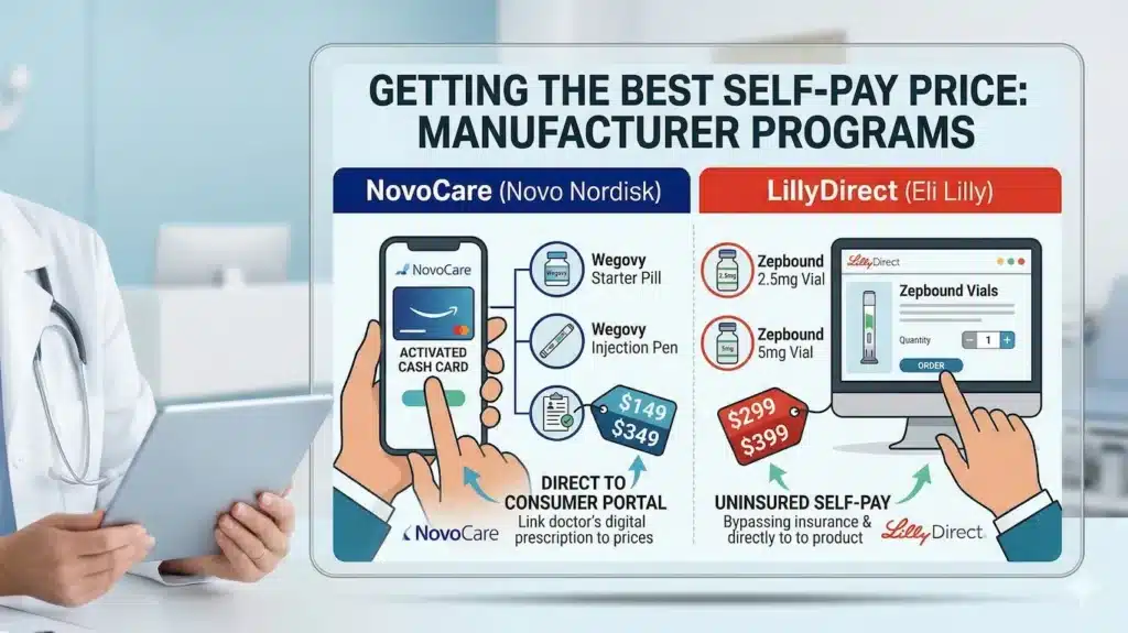 Most Affordable Weight Loss Injections Review: The 2026 "Price War" Guide 4 An infographic detailing the process to access NovoCare and LillyDirect cash cards and direct-to-consumer pricing