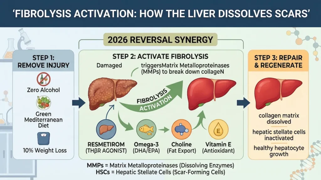 Can Liver Fibrosis Be Reversed? The 2026 Definitive Guide to Liver Regeneration 4 Infographic flow chart of the 3 steps to trigger liver fibrolysis: 1. Remove Injury, 2. Activate Fibrolysis enzymes (MMPs) with synergistic nutrients, and 3. Inactivate Stellate cells for regeneration.