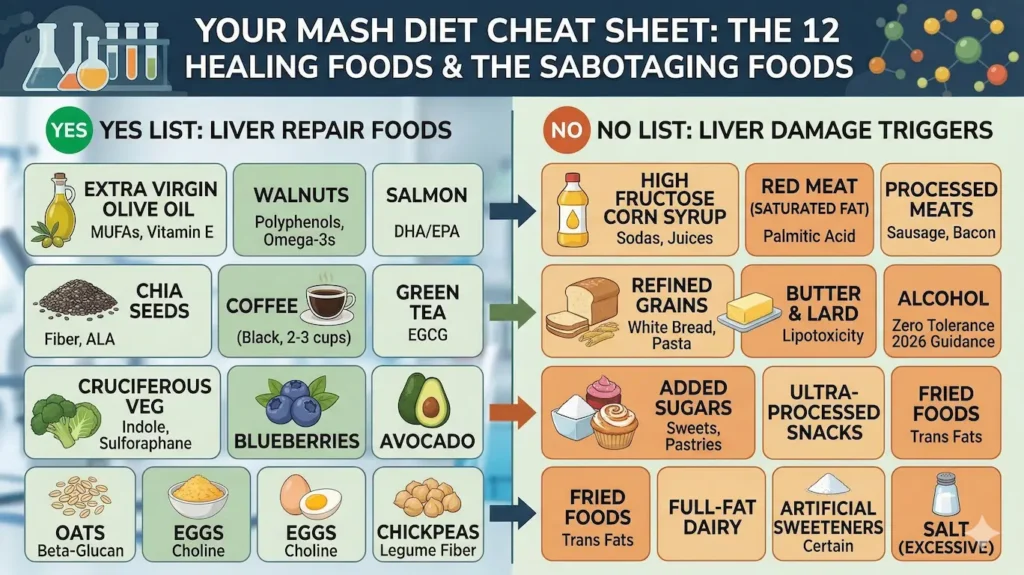 The Definitive MASH Liver Disease Diet: The 2026 Blueprint for Liver Reversal 4 Infographic summary of the MASH diet YES LIST (Walnuts, Salmon, Olive Oil) and NO LIST (Fructose, Alcohol, Saturated Fat) for liver healing