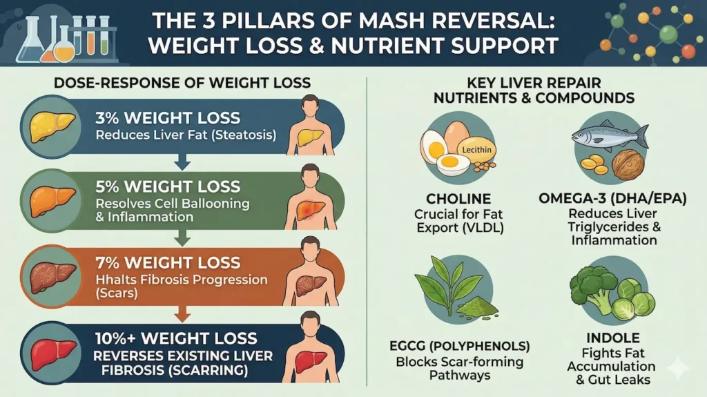 The Definitive MASH Liver Disease Diet: The 2026 Blueprint for Liver Reversal 3 Infographic of the dose-response of 10% weight loss and key liver repair nutrients like Choline, Omega-3, EGCG, and Indole