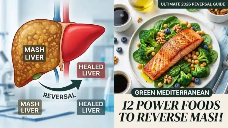Best MASH Liver Disease Diet: Foods To Eat And Avoid - Infographic showing liver reversal and a Green Mediterranean meal of salmon and walnuts for MASH diet